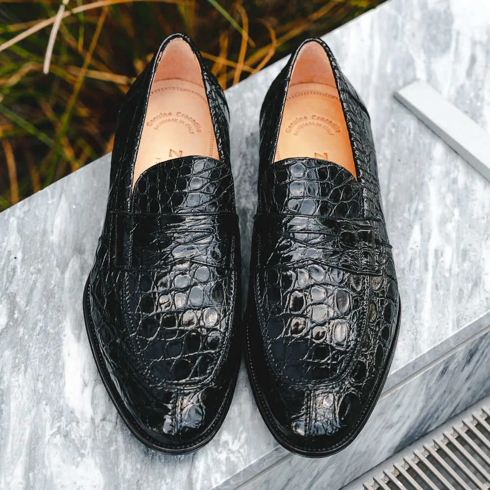 11-201-BKM ROMA Crocodile Penny Loafer, Black