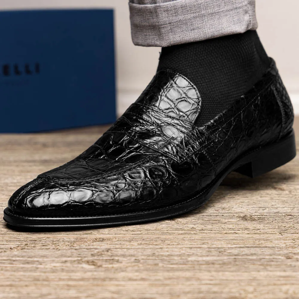 11-201-BKM ROMA Crocodile Penny Loafer, Black