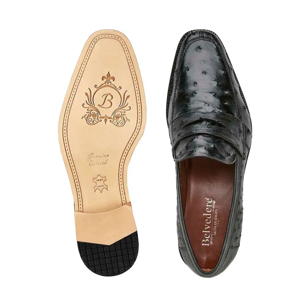 Belvedere Espada Men's Genuine Ostrich Split-Toe Penny Black Loafers