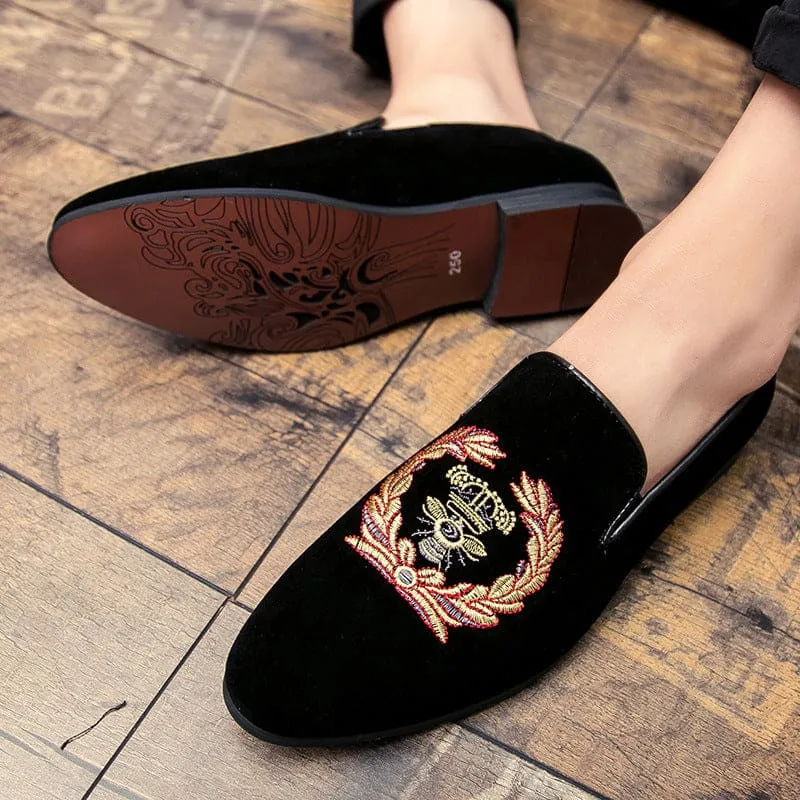 Black Embroidered Men’s Velvet Loafers with Military Motif