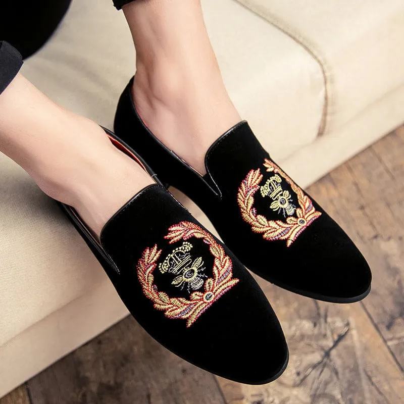 Black Embroidered Men’s Velvet Loafers with Military Motif