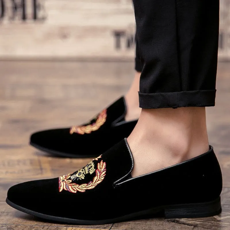 Black Embroidered Men’s Velvet Loafers with Military Motif