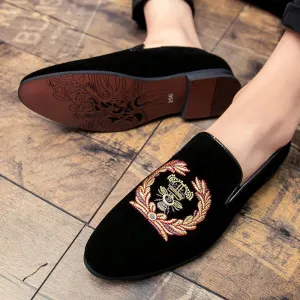 Black Embroidered Men’s Velvet Loafers with Military Motif