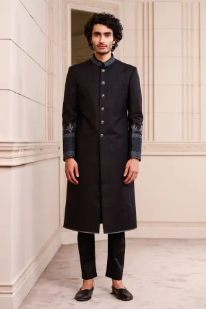 Black Linen Sherwani With Swarovski Detailing