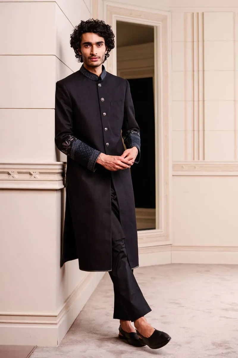 Black Linen Sherwani With Swarovski Detailing