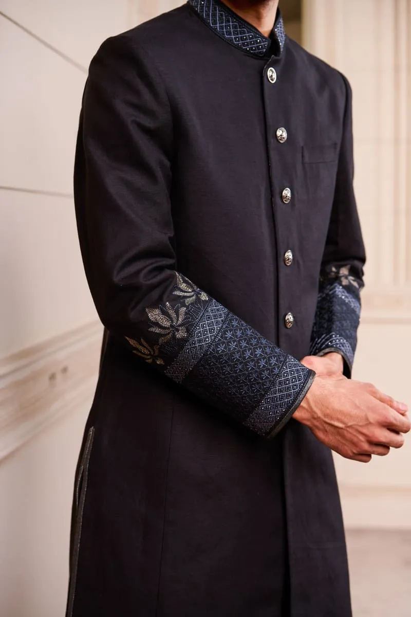 Black Linen Sherwani With Swarovski Detailing