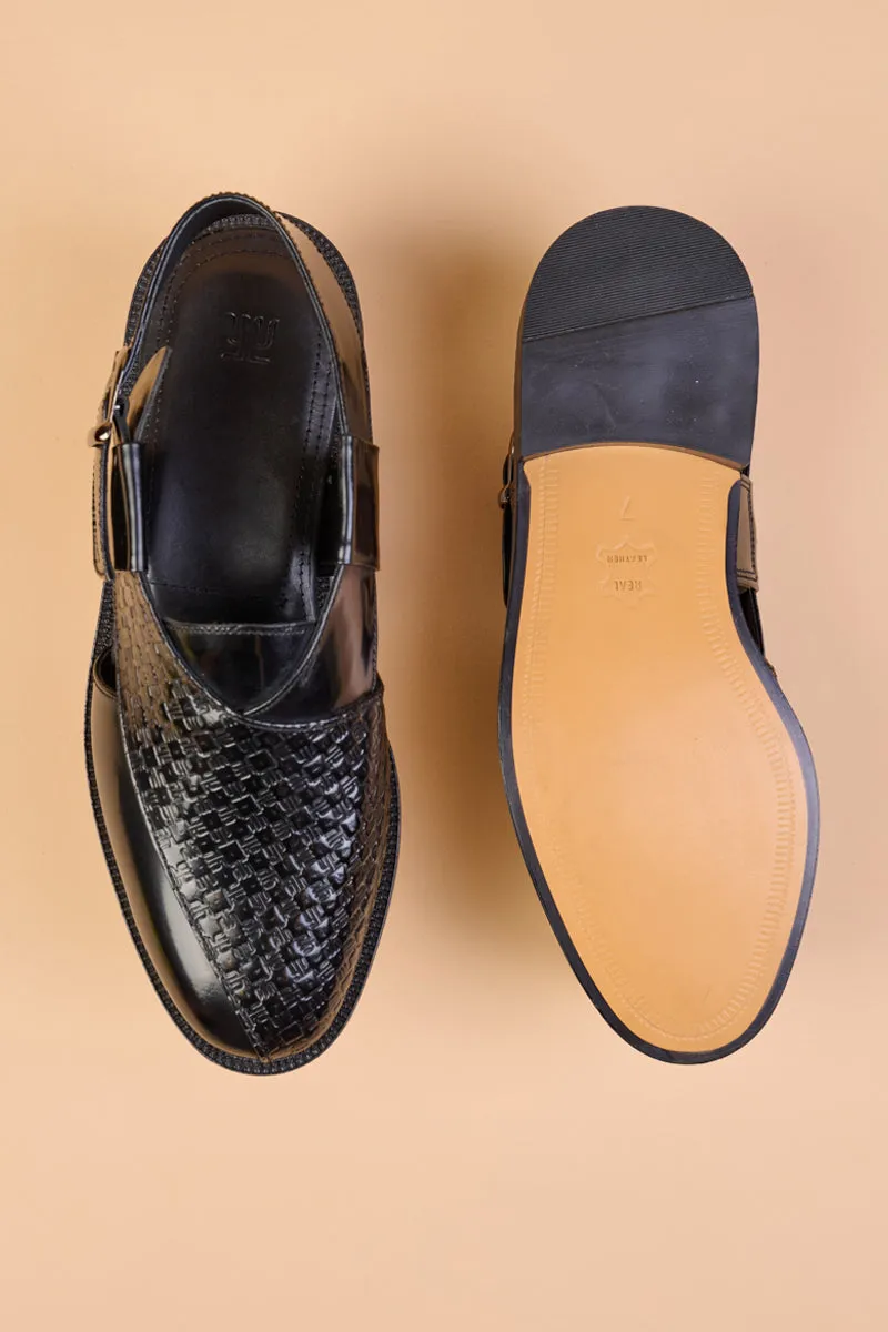 Black Textured Leather Slingback Loafers