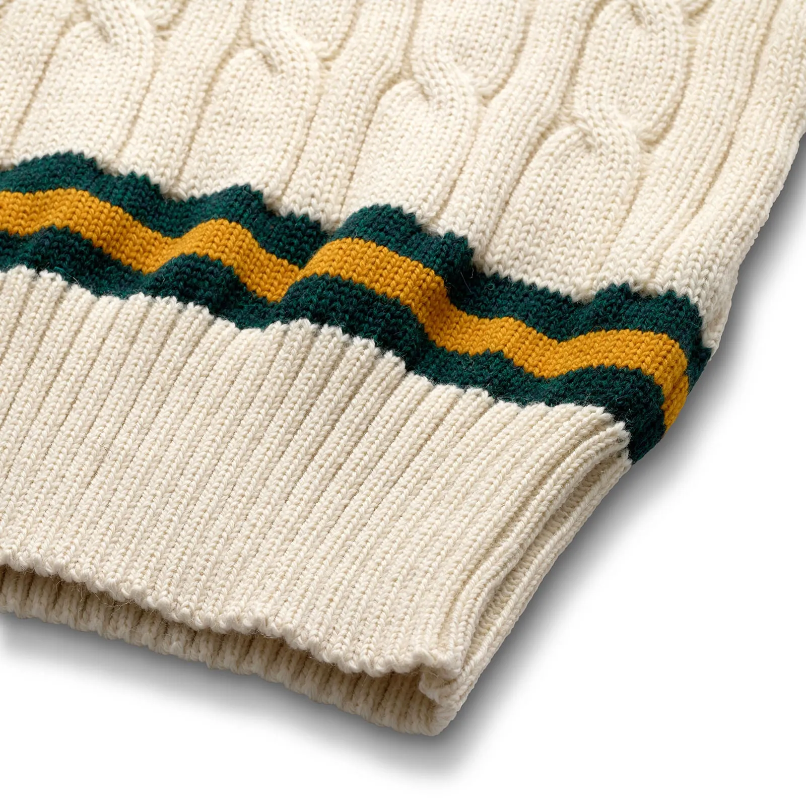 Fox Cricket Club Ecru Sweater with Green & Gold Stripes