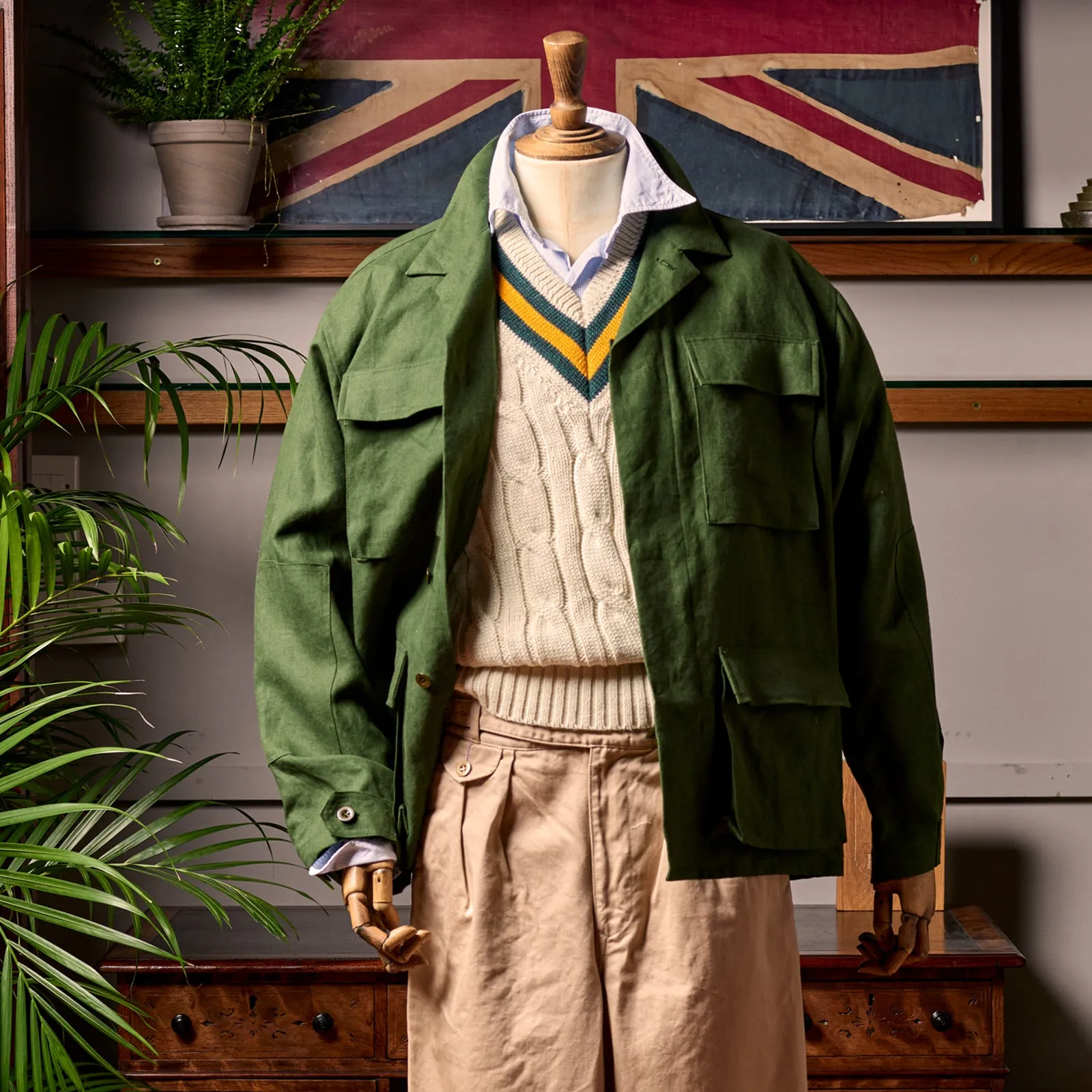 Fox Cricket Club Ecru Sweater with Green & Gold Stripes