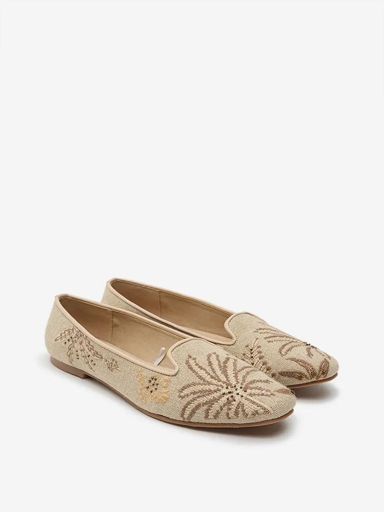 LUNA BLU Tan Tropical Embroidered Loafers