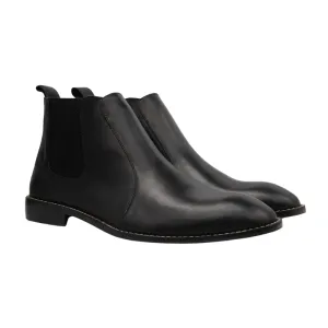 Men’s Full-Grain Leather Biker Boots, Elastic Goring, Black