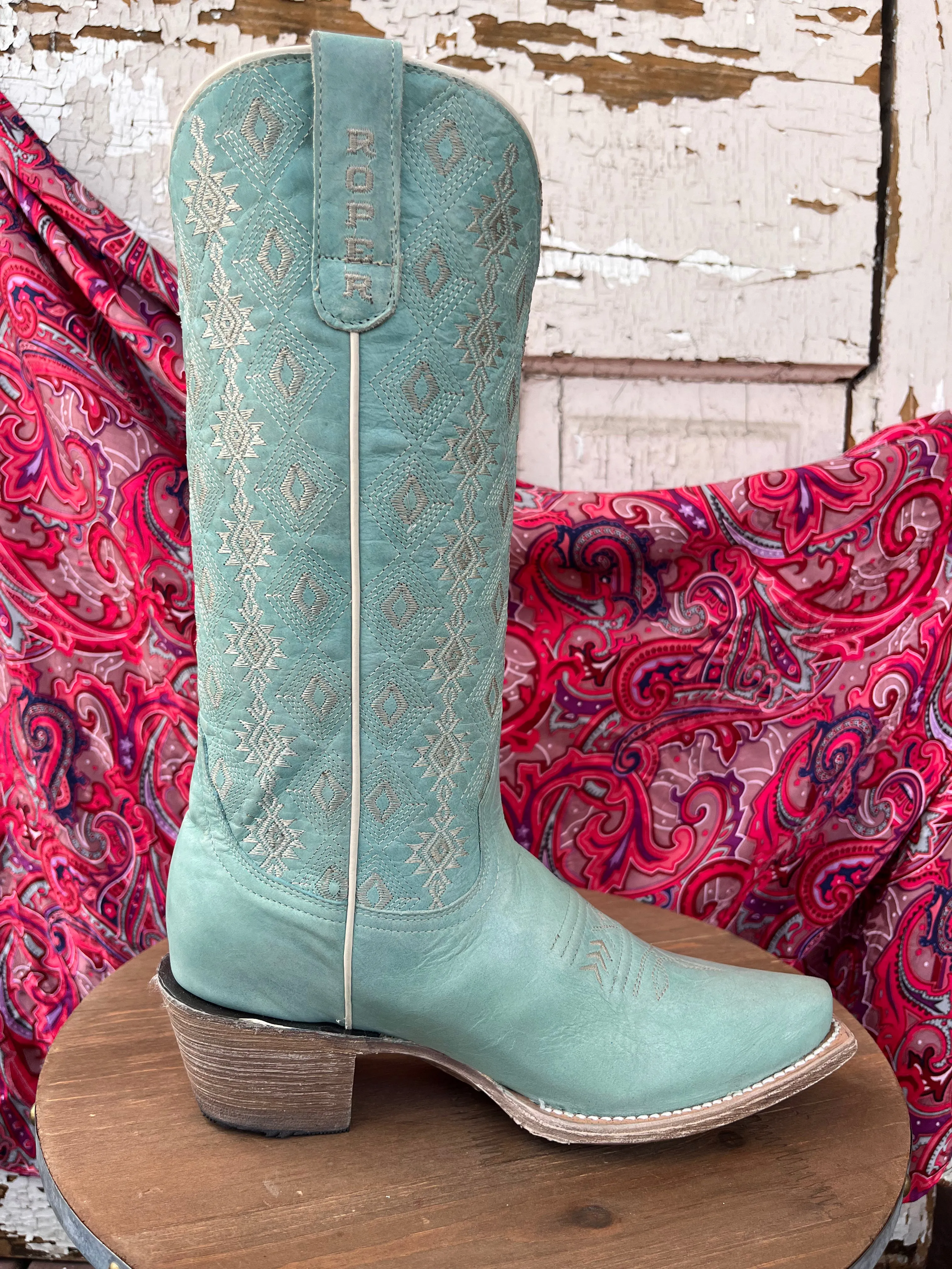 Roper Women's Anika Light Blue Aztec Snip Toe Cowgirl Boots 7619-8586