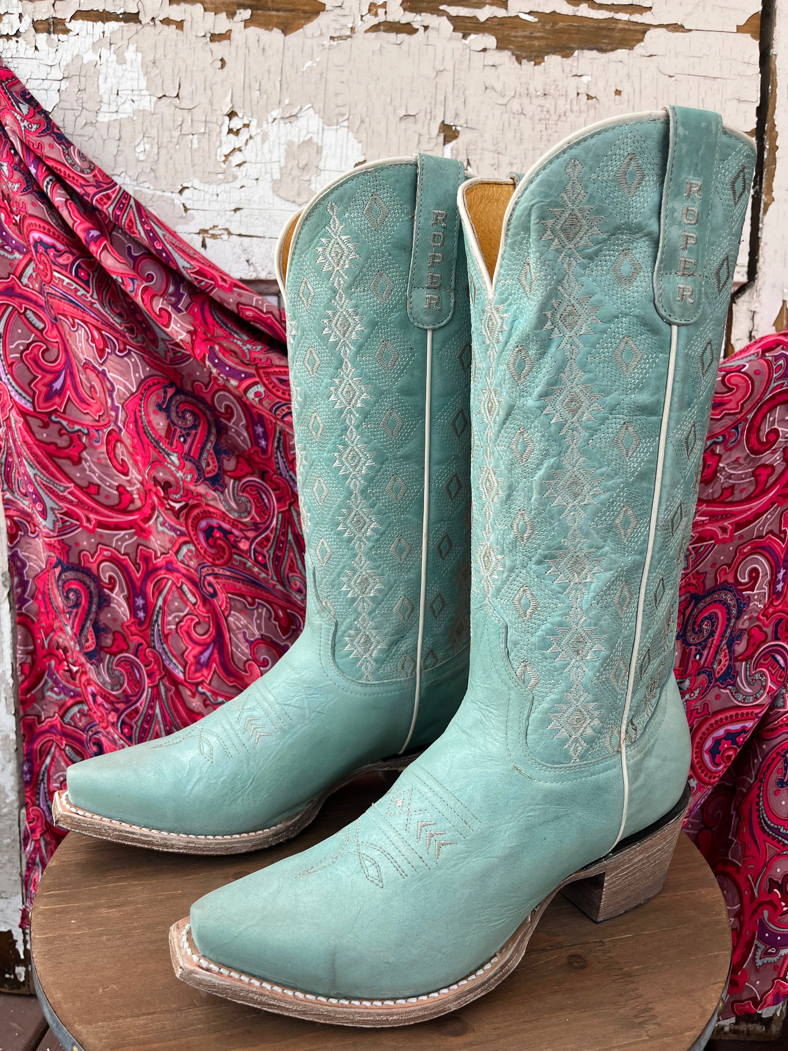 Roper Women's Anika Light Blue Aztec Snip Toe Cowgirl Boots 7619-8586