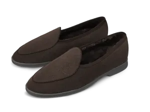 Stride Loafers in Dark Brown Glove Suede with Shearling Lining Dark Sole