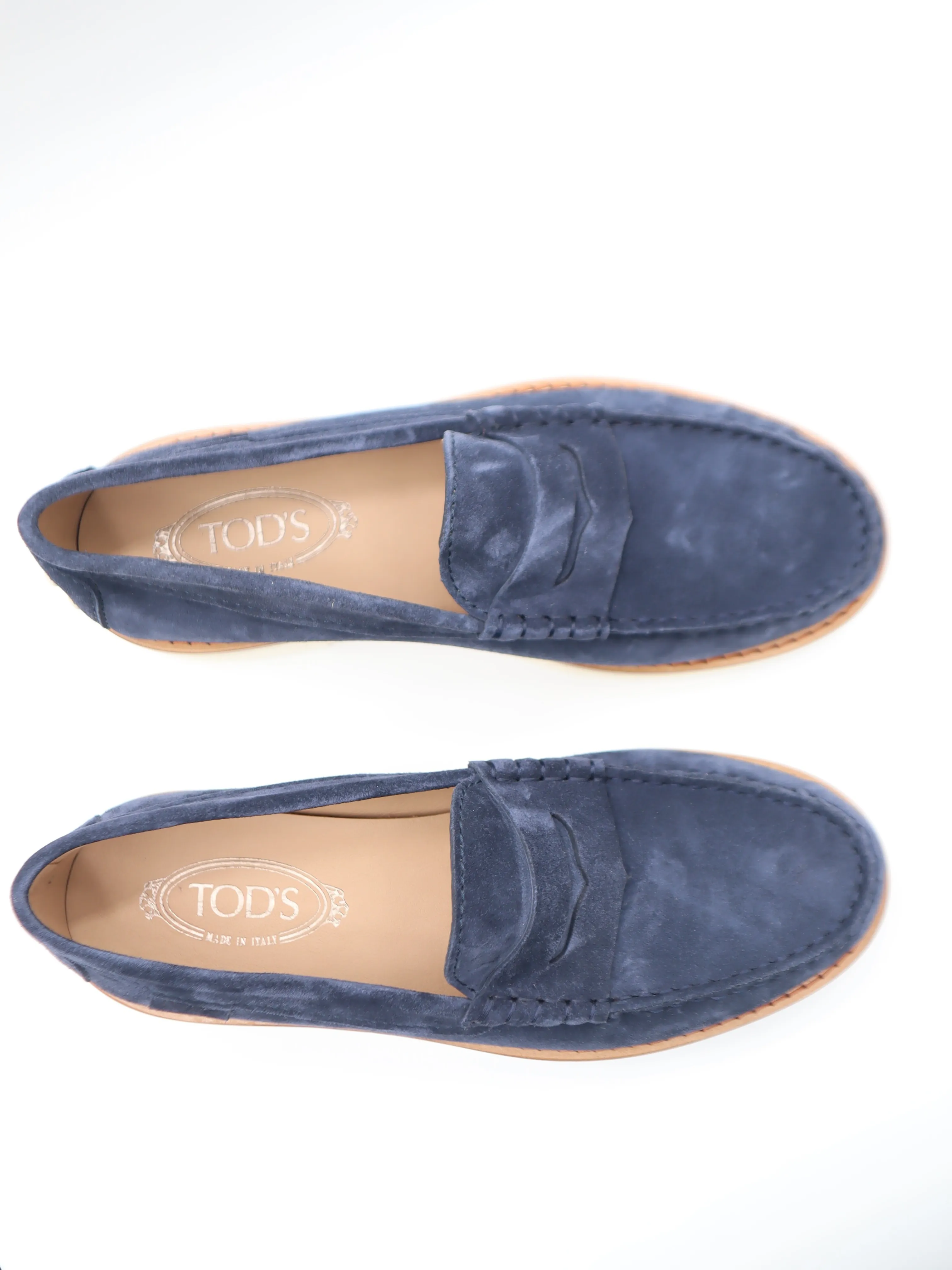 Tods Mens Navy Blue Suede Rubber Sole Moccasin Loafer