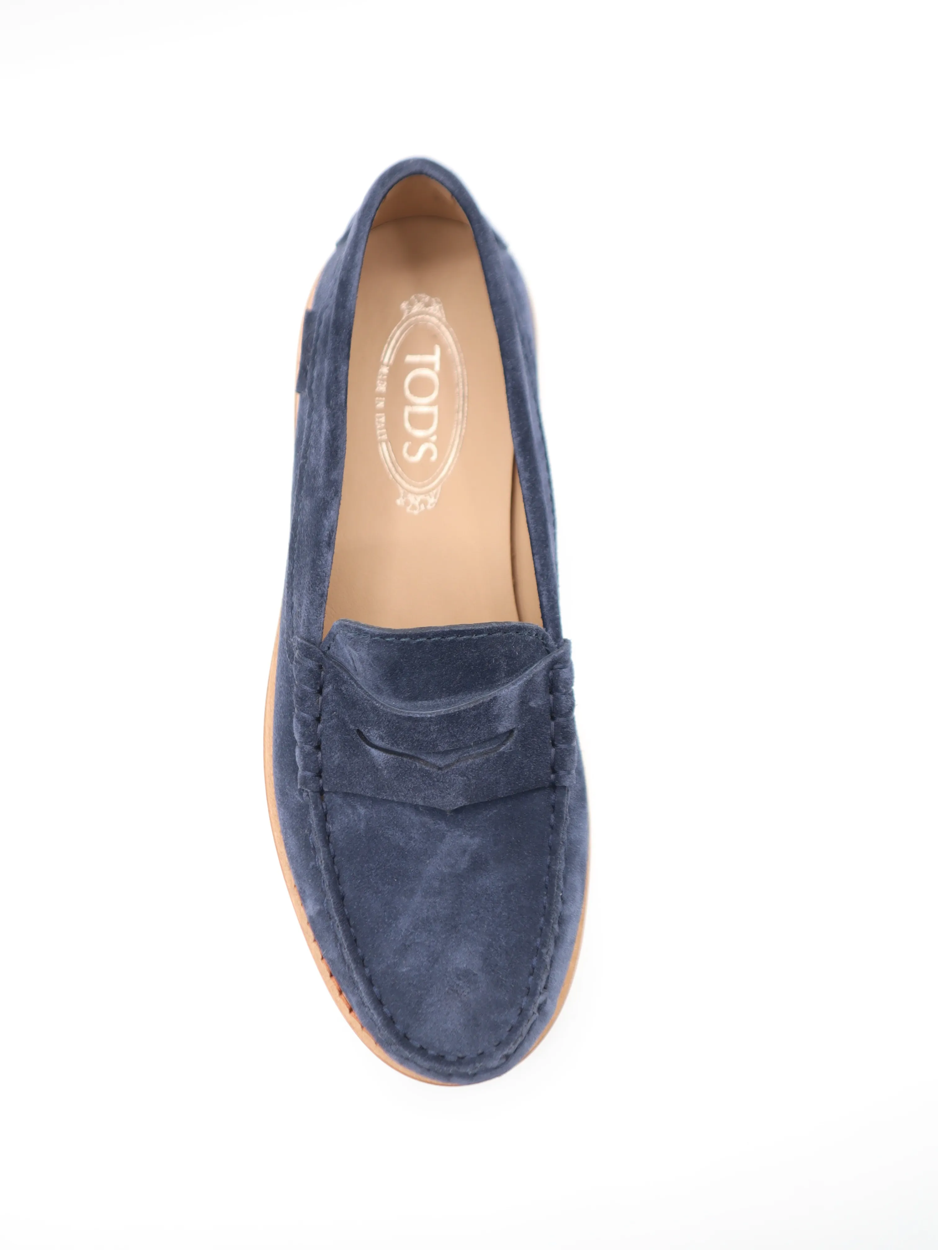 Tods Mens Navy Blue Suede Rubber Sole Moccasin Loafer