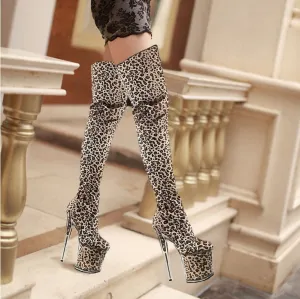 Unisex Leopard Print Thigh Length Platform Heel Boots