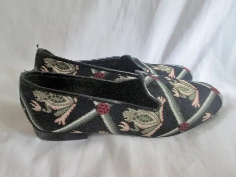 Womens CAROLE LITTLE ANTHROPOLOGIE Slip On FROG Tapestry Moc SHOE 7 BLACK